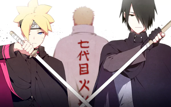 HD desktop wallpaper of Boruto Uzumaki and Sasuke Uchiha with katanas, standing in front of Naruto Uzumaki as Hokage. Boruto has blonde hair; Sasuke has black, creating a striking anime background.