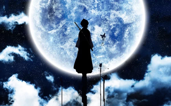 HD wallpaper featuring Rukia Kuchiki from the anime Bleach, standing against a full moon with a dark, cloudy night sky backdrop.