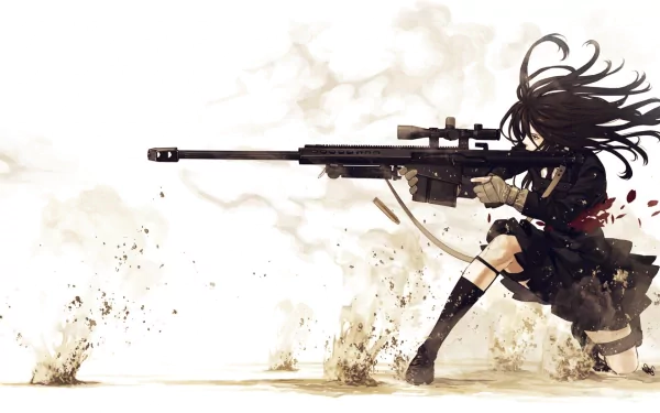 HD Anime wallpaper featuring a female sniper in a military outfit, kneeling with a sniper rifle amid a battlefield.