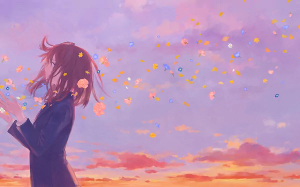 A beautiful anime-style HD desktop wallpaper featuring an original artwork of a girl with flowers in her hair against a serene sunset sky.