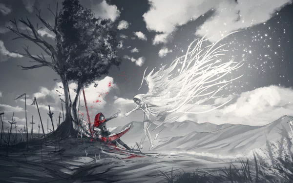 HD wallpaper of Ruby Rose from RWBY, showcasing a dramatic anime scene. Ruby in red is reaching out under a tree in a monochrome landscape with a spectral figure extending an arm toward her.