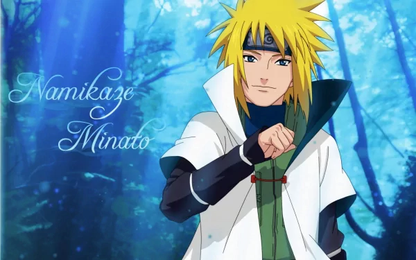 HD desktop wallpaper featuring Minato Namikaze from the anime Naruto. The blonde character stands confidently against a vibrant, blue-toned forest background. Text reads Namikaze Minato.
