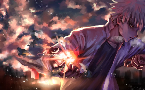 A dramatic HD desktop wallpaper featuring Katsuki Bakugou from My Hero Academia. The artwork showcases Bakugou with an intense expression, set against a vibrant, colorful sky background.