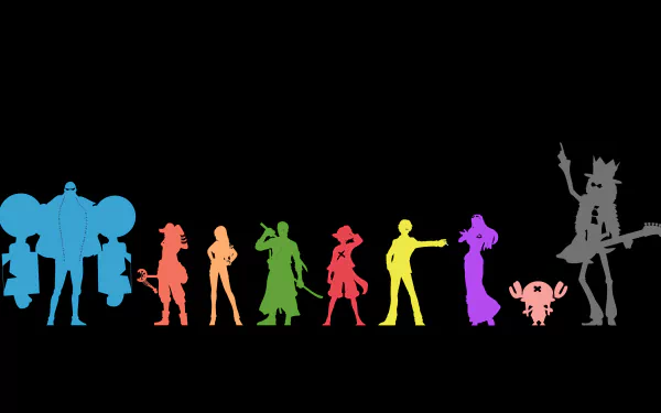 Silhouettes of the main characters from the anime One Piece in vibrant colors on a black background. This HD desktop wallpaper highlights each character's unique shape, creating a striking visual effect.