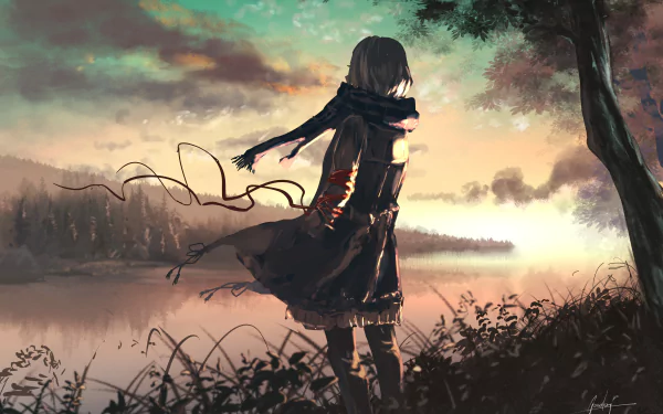 A serene anime scene at sunset featuring a lone figure by a tranquil lake, wrapped in a scarf. The HD original artwork captures a moment of reflection and calm, making it a stunning desktop wallpaper.