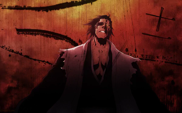 HD desktop wallpaper featuring Kenpachi Zaraki from the anime Bleach. The image showcases Kenpachi in a powerful pose against a dramatic, dark red background.