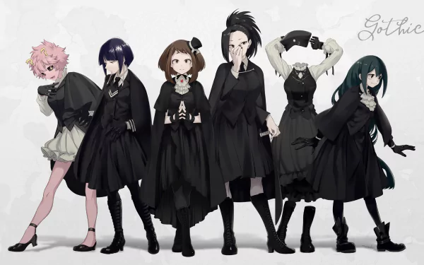 HD desktop wallpaper featuring characters from My Hero Academia dressed in gothic outfits. Five characters stand in a line against a light background.