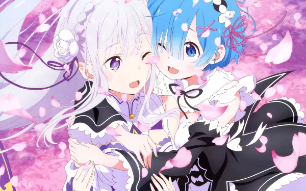 Emilia with white hair and purple eyes and Rem with blue hair and blue eyes smiling among pink petals. Anime characters from Re:Zero - Starting Life in Another World in a HD desktop wallpaper.