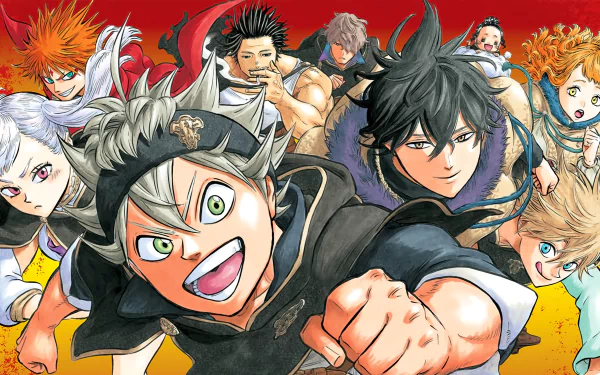 HD desktop wallpaper featuring characters Charmy Pappitson, Magna Swing, Luck Voltia, Yami Sukehiro, Noelle Silva, Yuno, and Asta from the anime Black Clover. The characters are in dynamic, action-packed poses.