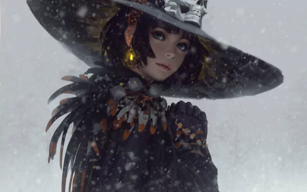 An HD anime wallpaper features a character with blue eyes, short hair, feathered attire, earrings, and a hat adorned with a skull, set against a snowy background.