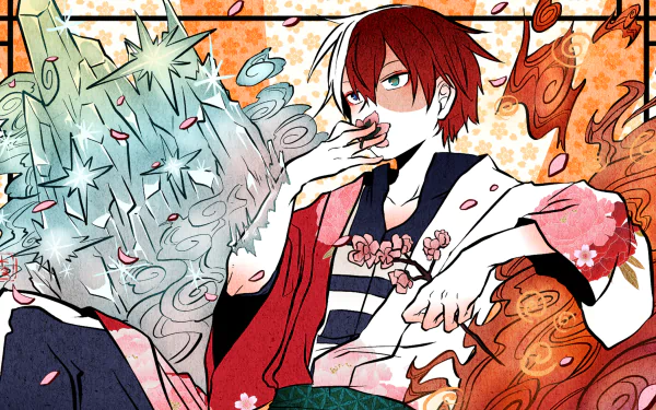 HD desktop wallpaper featuring Shoto Todoroki from My Hero Academia in an anime art style, with vibrant colors and detailed background representing his fire and ice powers.