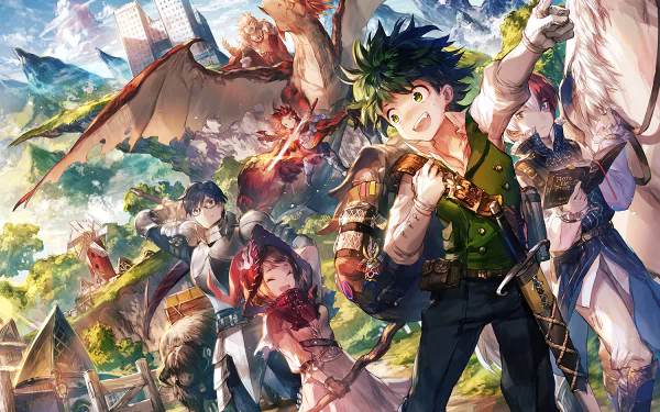 HD desktop wallpaper featuring characters from My Hero Academia: All Might, Ochaco Uraraka, Shoto Todoroki, Izuku Midoriya, Eijiro Kirishima, Tenya Iida, and Katsuki Bakugou in an adventurous fantasy setting.