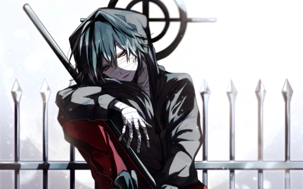 HD desktop wallpaper of Zack from Angels of Death anime, sitting in front of a spiky fence with a weapon, featuring dark attire and yellow eyes. Tags: Satsuriku no Tenshi, Anime, Background.