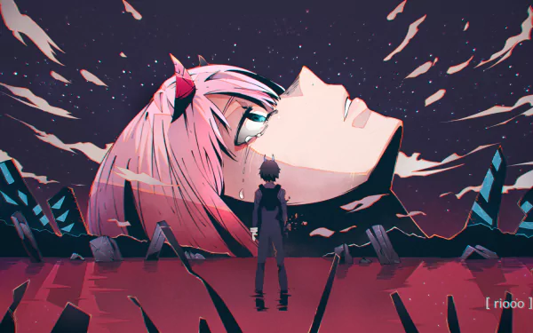 HD desktop wallpaper featuring a scene inspired by End of Evangelion with characters Hiro and Zero Two from Darling in the FranXX. Hiro stands before a gigantic, ethereal head of Zero Two amidst a surreal landscape.