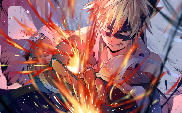 HD desktop wallpaper featuring Katsuki Bakugou from My Hero Academia, showcasing his blonde hair and explosive fire powers. The anime character is mid-action with dramatic fiery effects surrounding him.