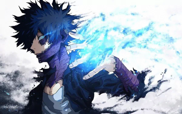 HD wallpaper of Dabi from My Hero Academia, showcasing him with black hair, blue eyes, and scars, emitting blue flames. The matte monochrome background highlights his vivid powers.