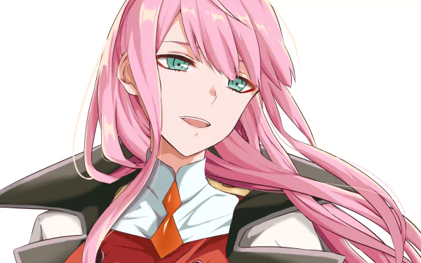 HD desktop wallpaper featuring Zero Two from Darling in the FranXX. She has long pink hair, green eyes, and prominent horns, wearing her anime attire.