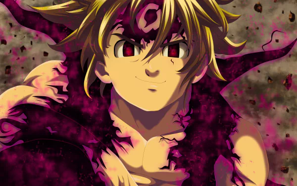 A vibrant 4K Ultra HD anime wallpaper featuring Meliodas from The Seven Deadly Sins, surrounded by dark, smoky effects and intense glowing eyes.