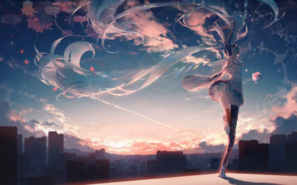 HD wallpaper featuring Hatsune Miku from Vocaloid anime, depicted with swirling light ribbons against a cityscape at sunset.