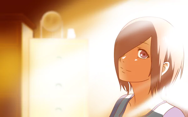 HD desktop wallpaper featuring Touka Kirishima from Tokyo Ghoul. The anime character with short hair is bathed in warm light, capturing a serene indoor moment.