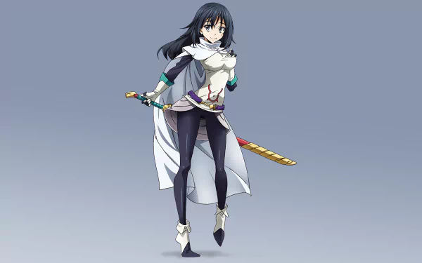 HD desktop wallpaper featuring Shizue Izawa from the anime That Time I Got Reincarnated as a Slime, standing confidently with a sword against a gradient blue background.