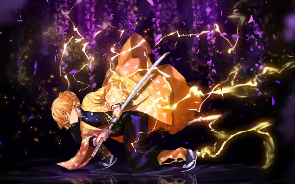 HD wallpaper featuring Zenitsu Agatsuma from Demon Slayer: Kimetsu no Yaiba, wielding a katana with lightning effects, set against a vibrant background with purple hues and falling petals.