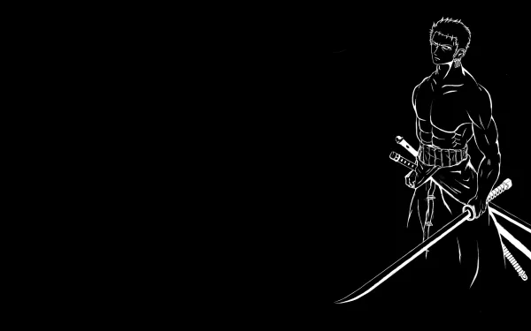 Black and white 4K Ultra HD anime wallpaper featuring Roronoa Zoro from One Piece, depicted with his swords against a minimalistic dark background.