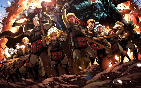 HD desktop wallpaper featuring characters from Isekai Quartet, including Viktoriya Ivanovna Serebryakov, Tanya Degurechaff, Kazuma Satou, Darkness, Rem, Ram, Subaru Natsuki, Megumin, Emilia, and Aqua, in a dynamic battle scene.