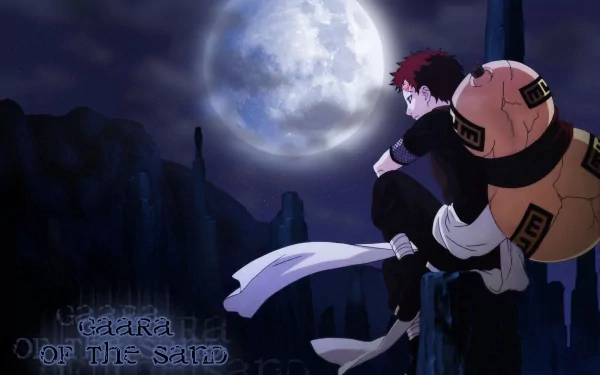 Gaara from Naruto sits on a rock at night, looking up at the moon. Text reads Gaara of the Sand. This HD wallpaper and anime background captures a serene and contemplative moment under a starry sky.