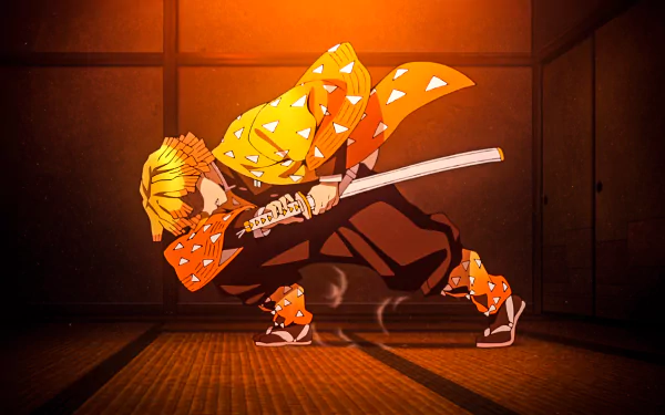 Zenitsu Agatsuma from Demon Slayer: Kimetsu no Yaiba wielding a katana in an intense pose, with a glowing orange background. The HD wallpaper features his trademark blonde hair and dynamic outfit.