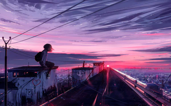 Anime girl seated on a rooftop, overlooking a city during a vibrant sunset. The HD desktop wallpaper captures the blend of serene sky and urban landscape in an anime art style.