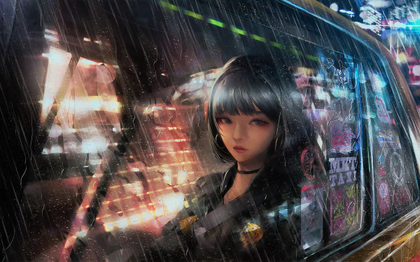 A cyberpunk-themed HD wallpaper featuring an anime girl in a taxi, gazing out at the rain-soaked, neon-lit city streets.