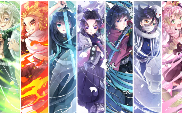 HD desktop wallpaper featuring vibrant artwork of characters from Demon Slayer: Kimetsu no Yaiba, including Shinobu Kochou, Tengen Uzui, Kyojuro Rengoku, and others.