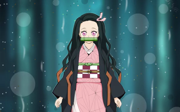 HD desktop wallpaper featuring Nezuko Kamado from the anime Demon Slayer: Kimetsu no Yaiba, set against a vibrant background with bubbles and a teal gradient.