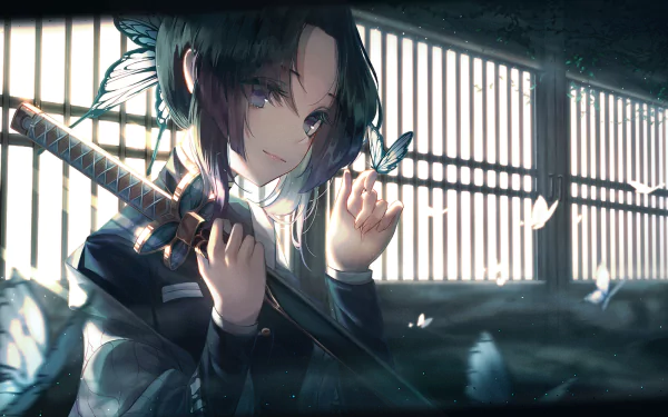 HD anime wallpaper featuring Shinobu Kochou from Demon Slayer: Kimetsu no Yaiba, holding her sword with butterflies around her, in front of a Japanese-style window.