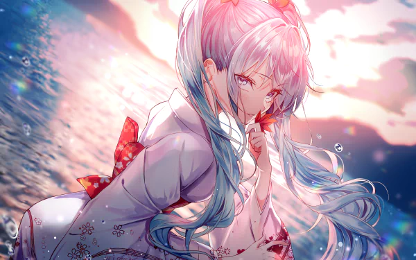 Anime-style HD wallpaper featuring Hatsune Miku with blue hair and blue eyes, set against a scenic background with water and a sunset. Miku is wearing a white and red detailed outfit.
