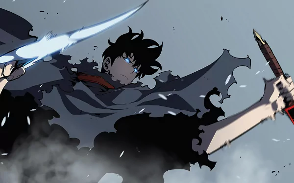 HD desktop wallpaper of Sung Jin-Woo from the anime Solo Leveling, featuring him wielding two glowing swords amidst swirling shadows and a dramatic background.