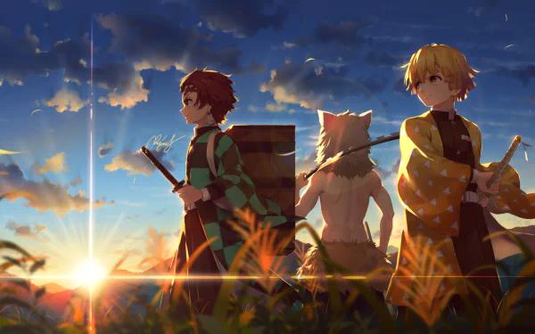 HD wallpaper of Demon Slayer: Kimetsu no Yaiba featuring Tanjiro Kamado, Inosuke Hashibira, and Zenitsu Agatsuma against a sunset backdrop.