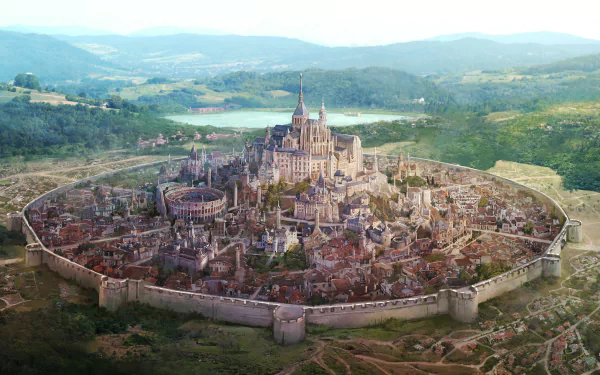HD desktop wallpaper of a vibrant anime-style city with a grand castle at its center, encircled by ancient walls, set amidst lush green landscapes.