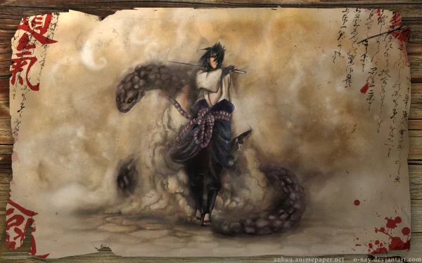 HD wallpaper of Sasuke Uchiha from the anime Naruto, against a vintage background with mysterious wisps of smoke and swirling patterns, creating an intense and dynamic atmosphere.