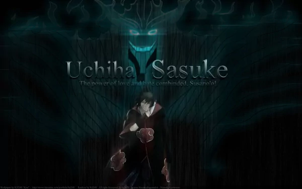 HD desktop wallpaper featuring Sasuke Uchiha from Naruto in front of his Susanoo. The dark background highlights the ominous aura of the character and his powerful summon. Text reads Uchiha Sasuke.