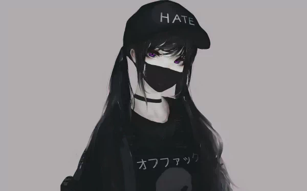 Anime girl with black twintails wearing a cap labeled HATE, a black mask, and dark clothing, rendered in 8K Ultra HD as a PC desktop wallpaper.