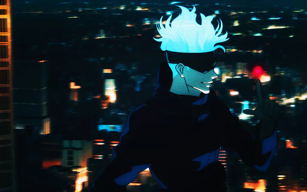 HD wallpaper featuring Satoru Gojo from the anime Jujutsu Kaisen against a nighttime city backdrop, showcasing his iconic blindfold and light blue hair.