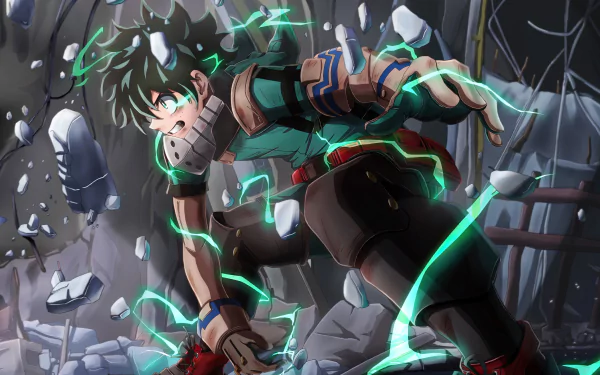 Izuku Midoriya from My Hero Academia powers up amidst rubble, showcasing his determination and strength in this dynamic 4K Ultra HD anime wallpaper.