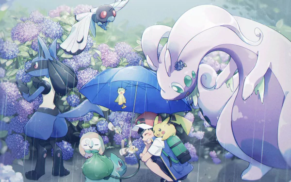 HD PC desktop wallpaper featuring anime-style Pokémon characters in a serene garden with blooming flowers and a child holding an umbrella amidst gentle rain.