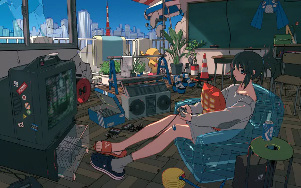 HD desktop wallpaper featuring an anime girl in a cozy room surrounded by electronics, playing video games on an old TV. The cityscape is visible through the window, adding to the vibrant atmosphere.