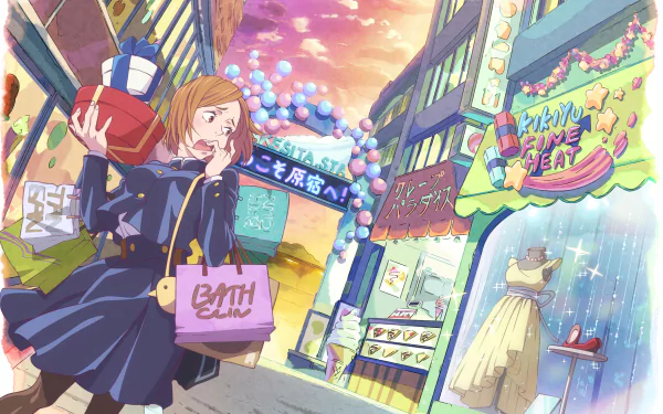 Nobara Kugisaki from Jujutsu Kaisen stands in a vibrant shopping district, juggling bags, surrounded by colorful storefronts and festive decorations. A dynamic anime scene in 4K Ultra HD.