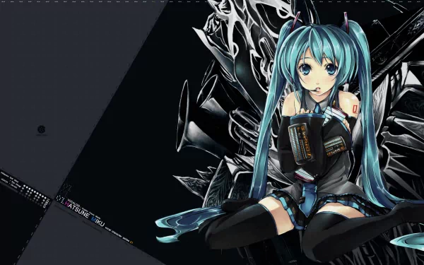 HD desktop wallpaper featuring Hatsune Miku, an Anime and Vocaloid character, with long teal twin-tails, sitting against a dark, abstract background.