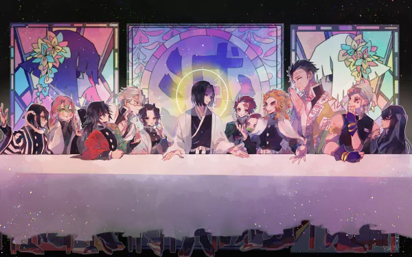 4K Ultra HD Demon Slayer: Kimetsu no Yaiba wallpaper featuring Giyuu Tomioka, Tengen Uzui, the Ubuyashiki family, Hashira, Tanjiro, Nezuko, and more in a stained glass art style.