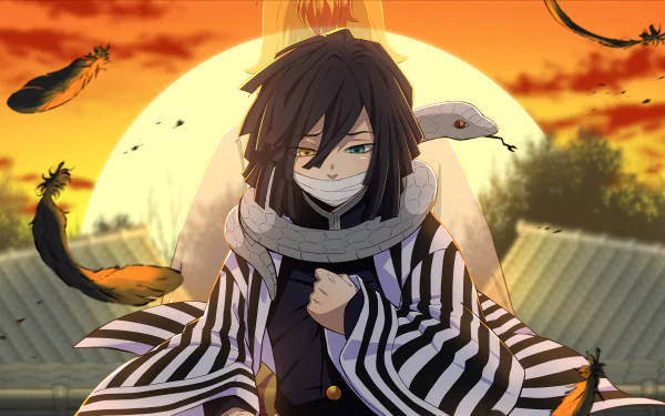 Obanai Iguro from Demon Slayer: Kimetsu no Yaiba stands against a sunset backdrop with a white snake draped over his shoulders in this 4K Ultra HD anime desktop wallpaper.